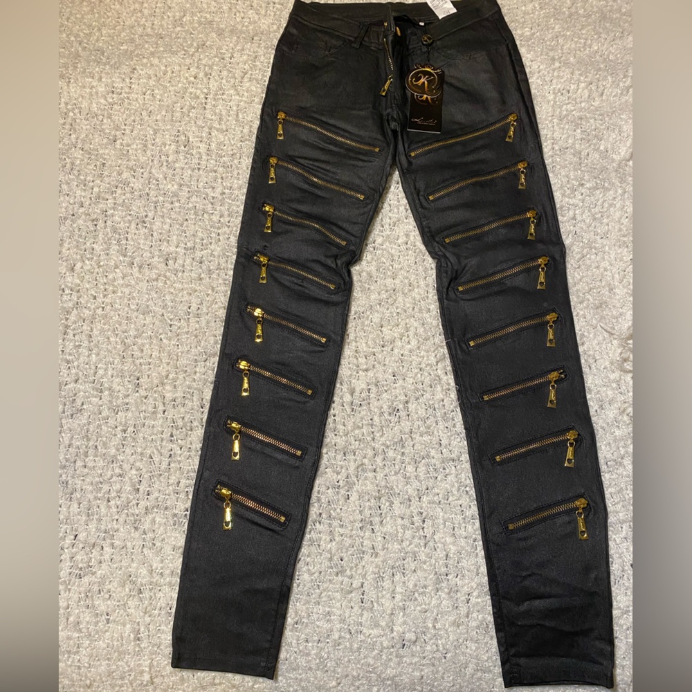 Black Pants with Gold Zipper Accents